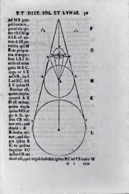 A reproduction of a portion of Aristarchus's original third-century BCE calculations, showing the relative sizes of the Sun, Earth, and Moon, which supported his revolutionary idea of a heliocentric universe.