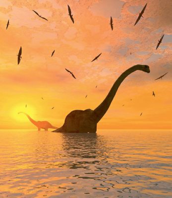 An artist's illustration showcases the impressive size and diversity of dinosaurs, with 13-foot-tall (4 meters) Diplodocus grazing in shallow waters beneath flying Pterosaurs, dominant land vertebrates for over 135 million years