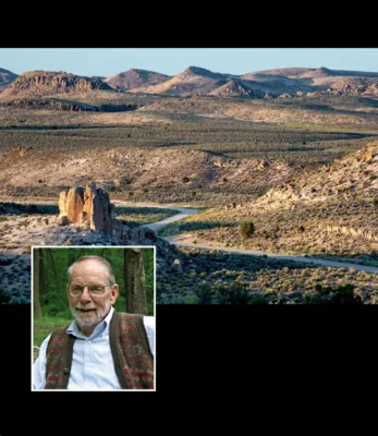 Main image: Scenic view of Basin and Range National Monument in Nevada. Inset: John McPhee, renowned author of various popular science books on earth sciences.