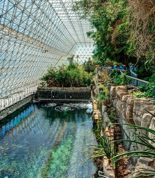 A 2003 photo taken from inside Biosphere 2, featuring sections of the lake and rainforest biomes.