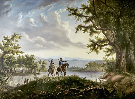 A mid-nineteenth century painting by artist Thomas Burnham depicting Lewis and Clark scouting ahead during their 1804 expedition to the American Northwest.