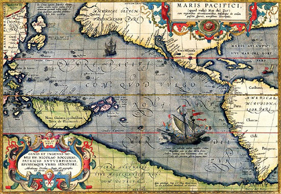 A 1589 map of the Pacific Ocean showing Ferdinand Magellan's ship Victoria entering the South Pacific in 1520.