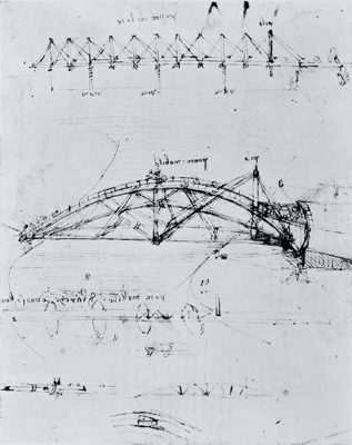 A sketch from around 1480 by Leonardo da Vinci, illustrating a concept for a lightweight, portable parabolic swing bridge intended for military applications.