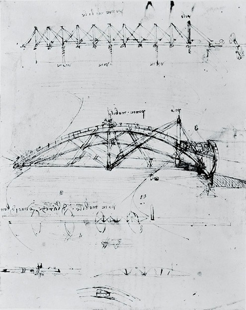 A sketch from around 1480 by Leonardo da Vinci, illustrating a concept for a lightweight, portable parabolic swing bridge intended for military applications.