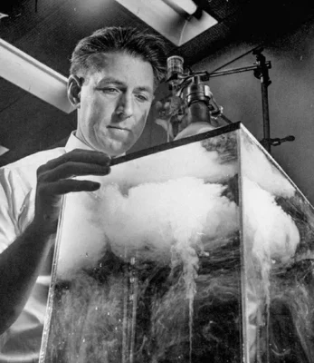 A 1946 photo of Vincent Schaefer, a pioneer in cloud seeding, working in his laboratory at General Electric Research in Schenectady, New York.