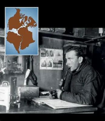 Main image: A 1930 photograph of German meteorologist and geologist Alfred Wegener. Inset: An early computer-assisted reconstruction of Pangea, fitting many of the current continents together.