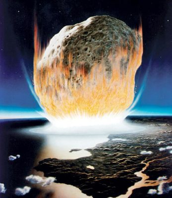 An artist’s depiction of a large asteroid striking Earth, representing the end of the Cretaceous and the start of the Paleogene period in geologic history, about 65 million years ago