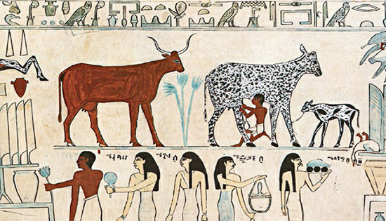 A segment of an Egyptian mural showing people engaging with domesticated animals