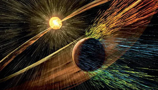 An artist's depiction of a solar storm impacting Mars and removing ions from the planet's upper atmosphere. Could Earth face a similar fate billions of years from now when our planet's magnetic field weakens or disappears?