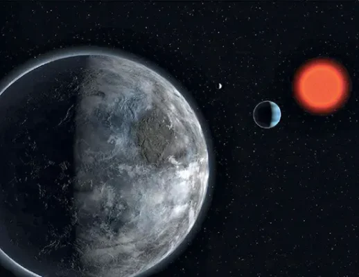 Artist's impression of the planetary system around the red dwarf Gliese 581. Astronomers have found evidence for three "earthlike" planets with masses of 5, 8, and 15 times that of Earth in orbit around that star. However, these planets orbit extremely close to their sun, unlike our own terrestrial planets.