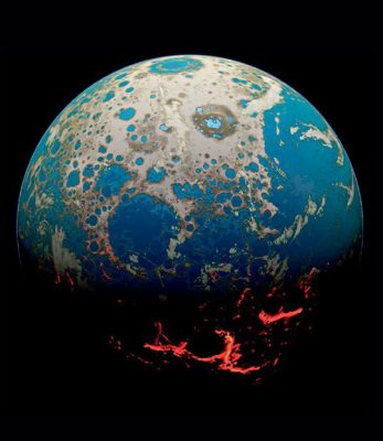This artist's concept illustrates Earth at the transition from the Hadean to the Archean eon, depicting the time when liquid-water seas and oceans first stabilized on the surface. The image also shows large impact basins, similar to those on the Moon, indicating ongoing bombardment by asteroids and comets.