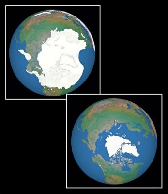 A comparison between ice coverage in the northern hemisphere during the last glacial maximum around 20,000 years ago (top) and contemporary ice coverage in the northern hemisphere (bottom).