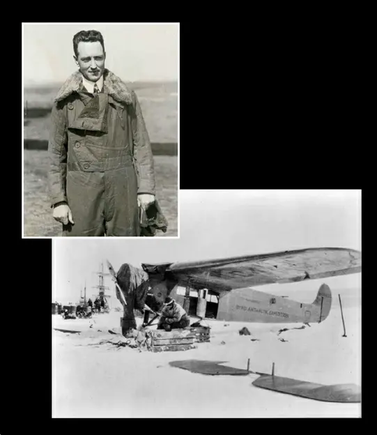 Left: A photograph of Richard Byrd in his flight jacket from the 1920s. Right: A 1929 photo of a Fokker "Super Universal" aircraft used during the Byrd Antarctic Expedition.