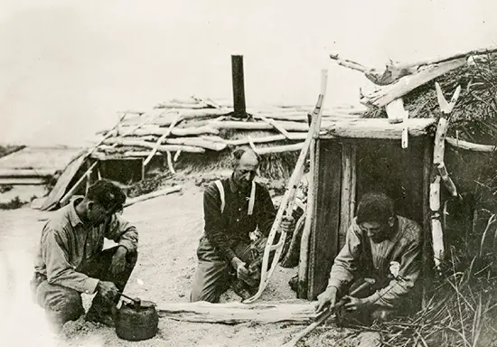Botanist and explorer Robert F. Griggs, along with colleagues L. G. Folsom and B. B. Fulton, establishing a camp in Katmai Village in 1915.