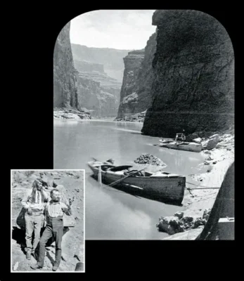 Main image: A photograph taken in 1872 showing boats moored along Marble Canyon. Inset: A photograph of John Wesley Powell alongside a Native American named Tau-gu. Both photos were taken during Powell's second expedition down the Grand Canyon.