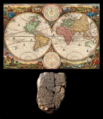 Top: A relatively modern map of the known world circa 1730, created by Dutch engraver Daniël Stopendaal. Bottom: A clay tablet featuring one of the earliest world maps, originating from sixth-century BCE Babylonia.