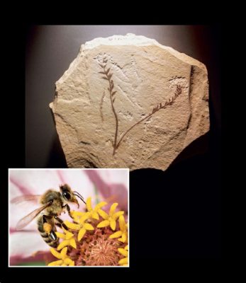 Top: A fossil of Archaefructus liaoningensis, about 125 million years old, one of the earliest known flowering plants. Bottom: A bee gathering pollen from a Zinnia flower.