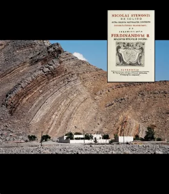 Main image: Impressive folded and layered rock formations in the Hajar Mountains, Oman. Inset: Cover of "Dissertationis Prodromus" (1669) by Nicolas Steno.