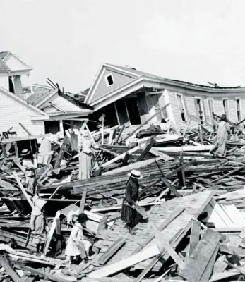 Survivors searching for valuables amidst the wreckage of Galveston, Texas, following the devastating hurricane on September 8–9, 1900.