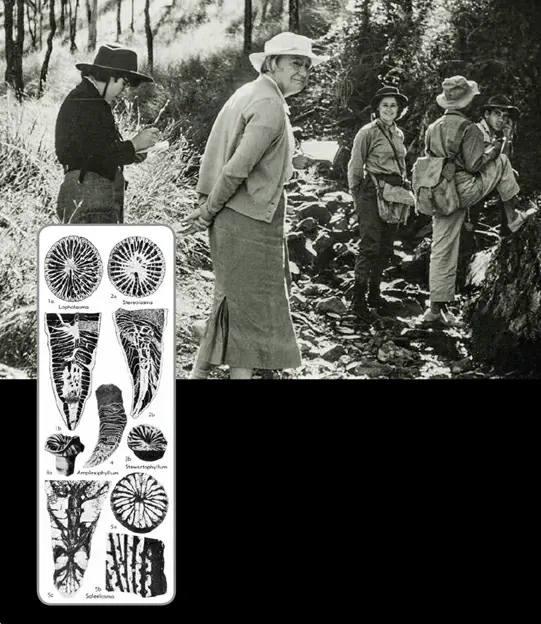 Main image: Dorothy Hill (center) overseeing a group of field geology students. Inset: Illustrations of various coral structures documented and researched by Dorothy Hill.