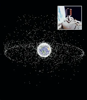 Main image: A snapshot of satellites currently tracked by the NASA Orbital Debris Program Office, with Earth's ring of geosynchronous satellites visible. Inset: Space shuttle Discovery deploying the AUSSAT-1 communications satellite in 1985.