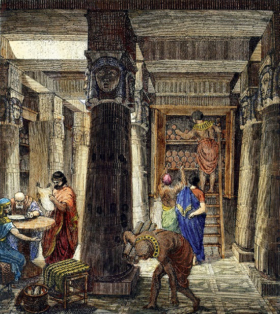 A 19th-century engraving illustrating an artist's depiction of a hall in the Great Library of Alexandria in ancient Egypt.