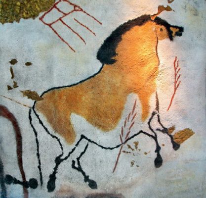 A portion of a recreated artwork from the renowned Lascaux caves in southwestern France, featuring a prehistoric horse and symbols that some archaeologists believe could represent stars and constellations in the night sky.