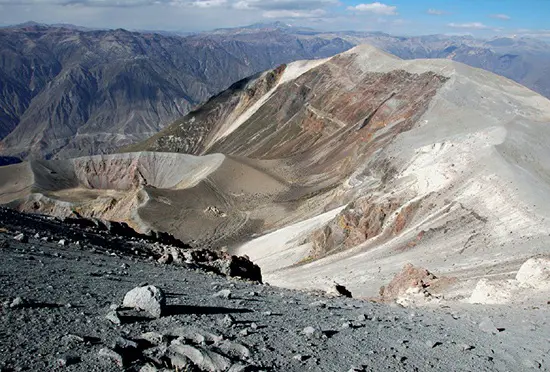 The Huaynaputina volcanic crater in southern Peru, marking the remnants of the most significant historical volcanic eruption in South America, albeit relatively unremarkable today.