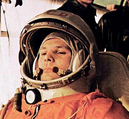 Soviet cosmonaut Yuri Gagarin, the first human in space, prepares for his historic space flight on April 12, 1961.