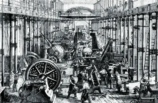 An 1868 engraving of a textile factory in Chemnitz, Germany.