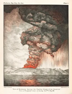 An 1888 lithograph depicting the 1883 eruption of Krakatoa.