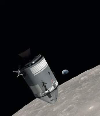 This computer-generated model showcases the Apollo 8 Command Module, which achieved the historic feat of becoming the first crewed spacecraft to escape Earth's gravitational pull and orbit the Moon in December 1968. The scene illustrates the approximate positioning of the spacecraft, Earth, and Moon when the crew captured the iconic color photograph known as the "Earthrise."