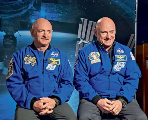 NASA astronauts and twin brothers Mark (left) and Scott (right) Kelly participating in a groundbreaking 2016 medical study on the effects of extended spaceflight on the human body.