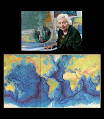 Top: Marie Tharp in 2001. Bottom: Section of a contemporary map illustrating the topography of the seafloor in the southern Atlantic Ocean.