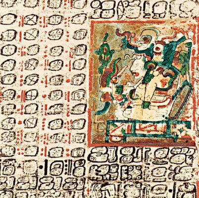 A section from page 49 of the Dresden Codex, one of the three surviving books from the Maya civilization, illustrating a segment of the cycle related to the appearances and disappearances of Venus and the Moon goddess Ixchel.