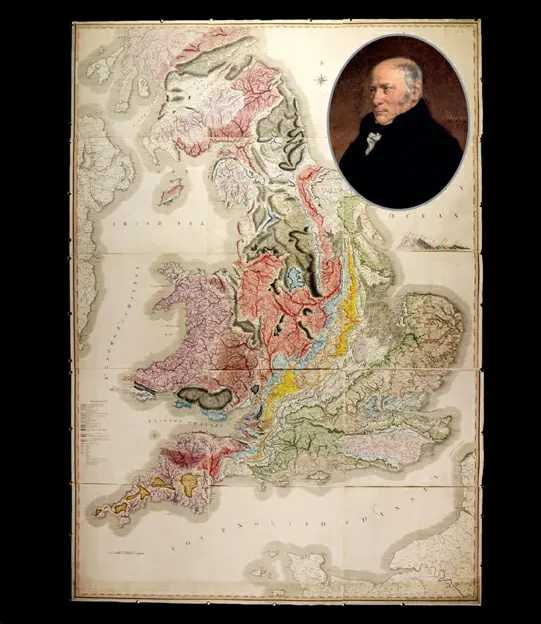Main image: The inaugural geological map of Britain, released by William Smith in 1815. Inset: A portrait of English geologist William Smith from 1837.