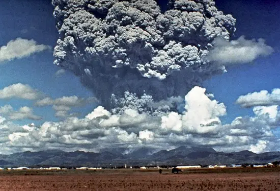 Photograph of the massive eruptive plume of Mount Pinatubo on the morning of June 12, 1991. This eruption released more ash and dust into the stratosphere than any volcanic eruption since Krakatoa in 1883.