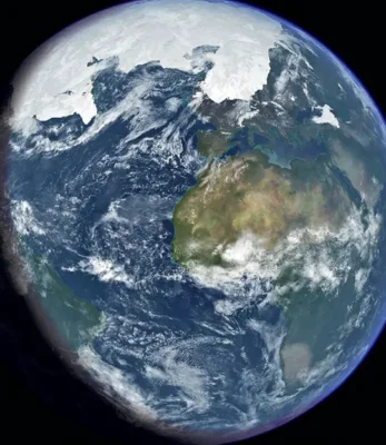 An artistic representation of Earth during the last glacial maximum of the current ice age, approximately 2 million years ago. Could this be a glimpse of Earth's future, possibly 50,000 years from now?