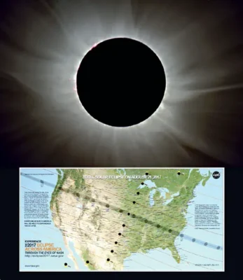Top: A glimpse of the solar corona (the Sun's outer atmosphere) as seen from Madras, Oregon, during the total solar eclipse on August 21, 2017. Bottom: The path traced by the Moon's shadow as it moved across the United States during the same total solar eclipse.