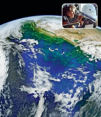 Main image: A composite image from NASA's Suomi ocean science satellite in 2016, showing the distribution of phytoplankton in the California Current (depicted in green). Inset: Astronaut Kathy Sullivan viewing Earth through the Space Shuttle Challenger's windows in 1984.