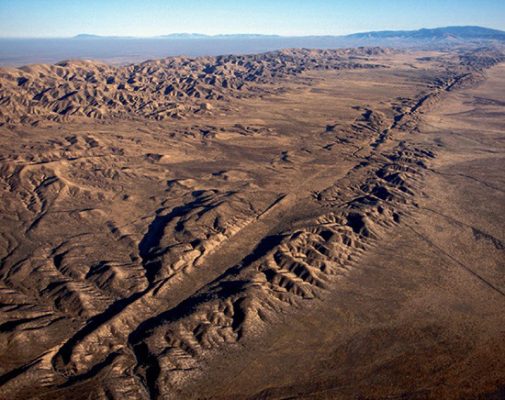 This image shows the San Andreas fault in southern California, a well-known boundary between two of Earth's lithospheric plates: the Pacific and North American plates.