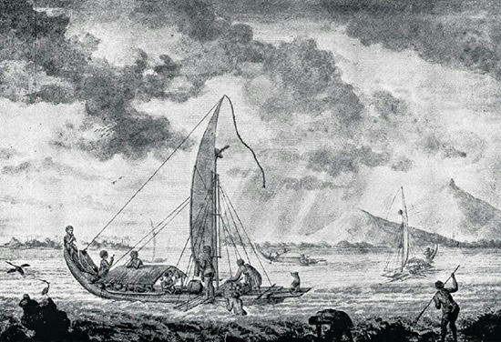 A drawing from around 1770 depicting Polynesian double canoes called "tipaerua," inspired by encounters documented during the South Pacific expeditions led by British explorer Captain James Cook.