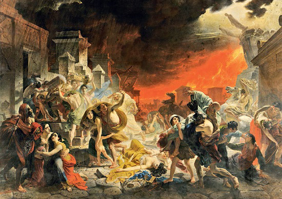 Russian artist Karl Briullov's 1833 painting, "The Last Day of Pompeii," portrays the catastrophic eruption of Mount Vesuvius in 79 AD, capturing both the geological and human tragedies caused by the massive ash eruption.