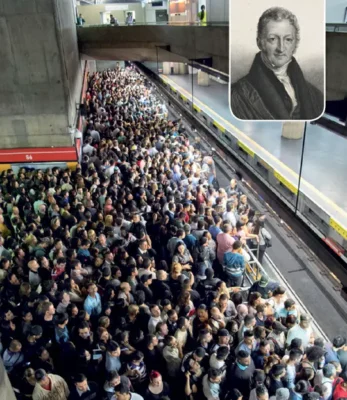 Main image: A busy subway station in Brazil in 2017. Inset: An engraved portrait of Thomas Robert Malthus from 1834.