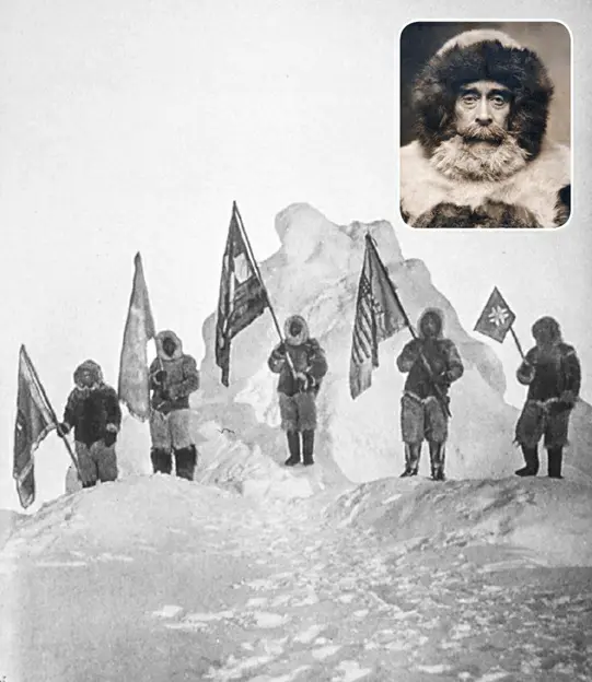 Main image: A photograph taken in April 1909 by Robert Peary of his exploration team at what they believed to be the geographic North Pole. Inset: A photograph from 1909 showing Admiral Robert Peary dressed in full Arctic fur attire.