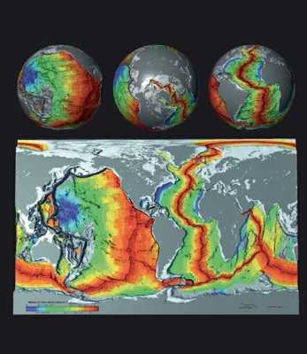 World maps depicting the ages of seafloor crust. Red indicates the youngest regions, including the currently forming crust, while blue represents the oldest oceanic crust still in existence, formed approximately 150 to 180 million years ago.