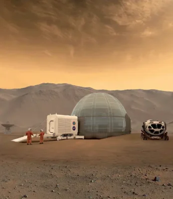 Artist's depiction of a deployable habitat (including an airlock) and a pressurized rover that could potentially be used in the initial human mission to Mars, expected to take place in the 2030s, 2040s, or 2050s.