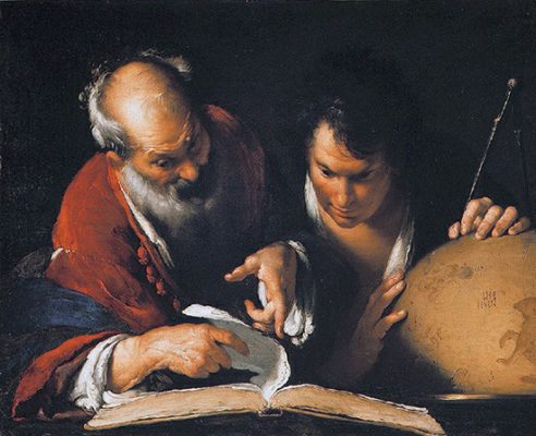A 1635 painting by artist Bernardo Strozzi depicting Eratosthenes (left) instructing a student on how to calculate the Earth's size based on shadow lengths cast at different locations simultaneously.