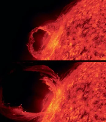 A stunning solar prominence eruption, captured through time-lapse frames on March 30, 2010, using the NASA Solar Dynamics Observatory satellite in extreme ultraviolet light of ionized helium. To provide a sense of scale, hundreds of Earths could fit within the loop seen in the top frame.