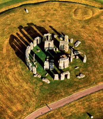 Aerial view of the ancient megalithic structure, Stonehenge, in southern England.